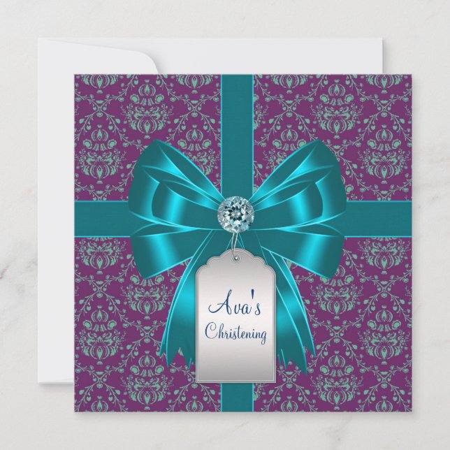 Purple Teal Blue Damask Baby Baptism Christening Invitation (Front)