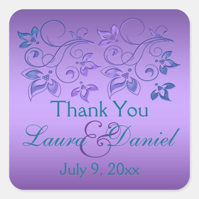 Purple, Teal Blue Floral 1.5" Sq. Wedding Favour Square Sticker (Front)