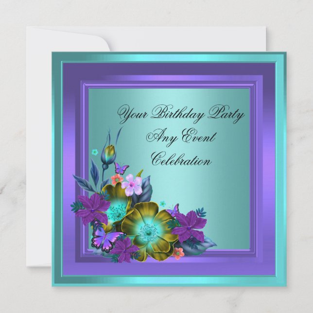 Purple Teal Blue Floral Elegant Party Invitation (Front)