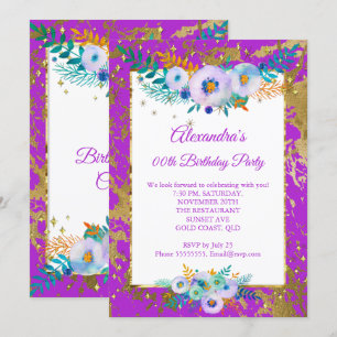 Purple Teal Blue Flowers Gold Birthday Party Invitation