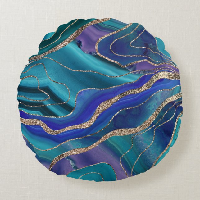 Purple Teal Blue Galaxy Nebula Agate Glitter #1 Round Cushion (Front)