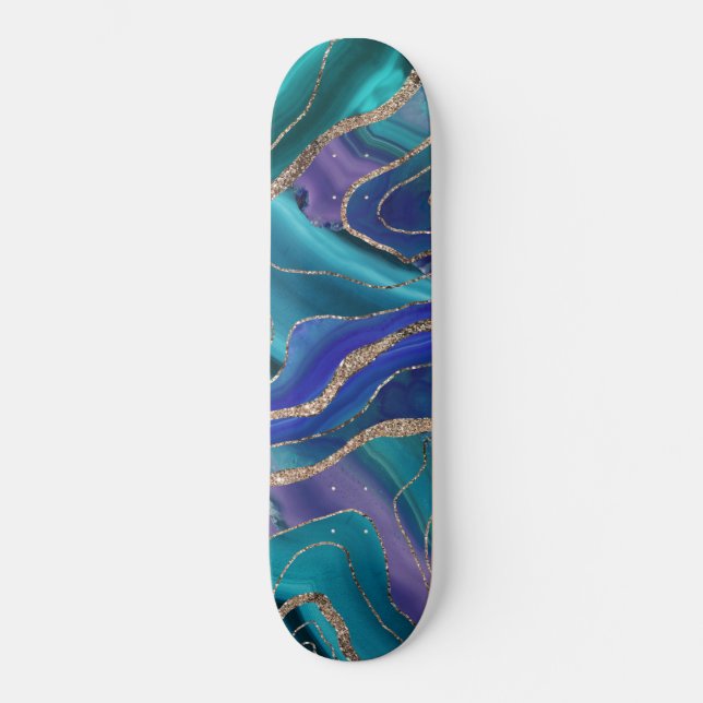 Purple Teal Blue Galaxy Nebula Agate Glitter #1 Skateboard (Front)