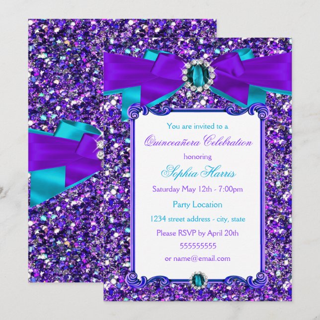 Purple Teal Blue Glitter Jewel Bow Quinceanera Invitation (Front/Back)