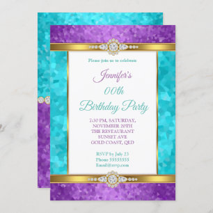 Purple Teal Blue Gold Diamond Birthday Party Invitation