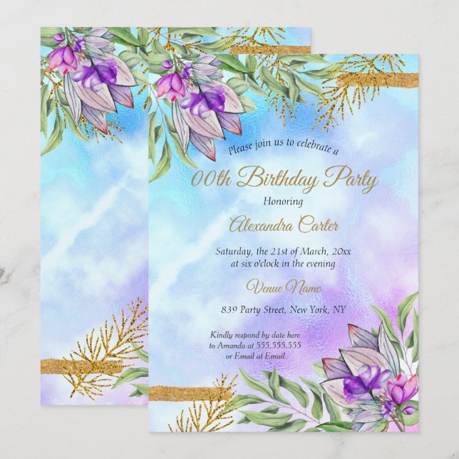 Purple Teal Blue Gold Floral Birthday Party Invitation (Front/Back)
