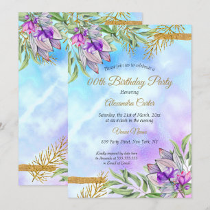 Purple Teal Blue Gold Floral Birthday Party Invitation