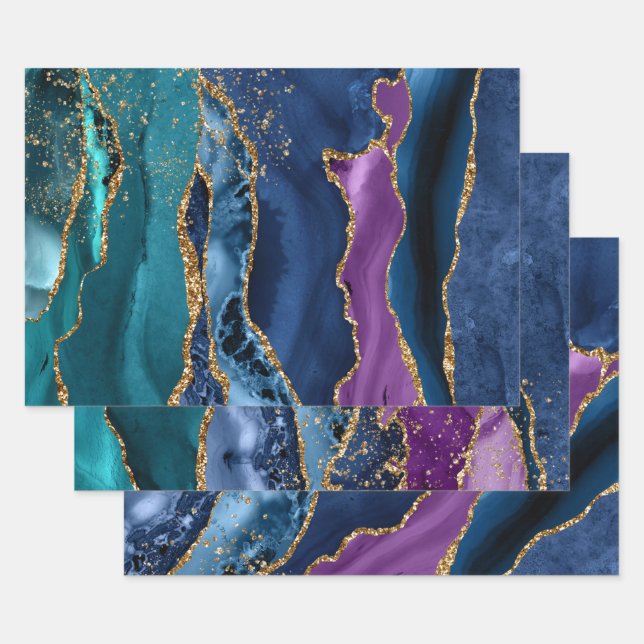 Purple, Teal & Blue & Gold Glitter Peacock Agate Wrapping Paper Sheet (Set)