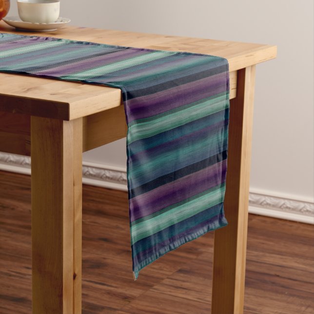 Purple Teal Blue Green Watercolor Stripes Pattern Short Table Runner (In Situ)