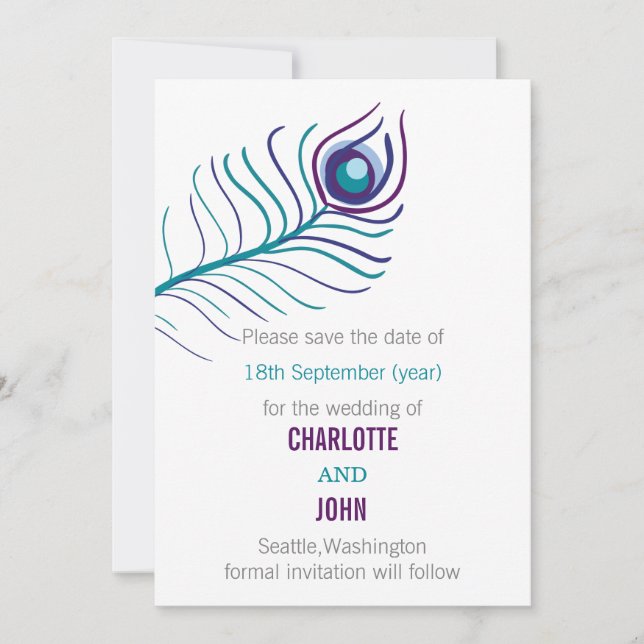 Purple teal blue peacock wedding save the dates date (Front)