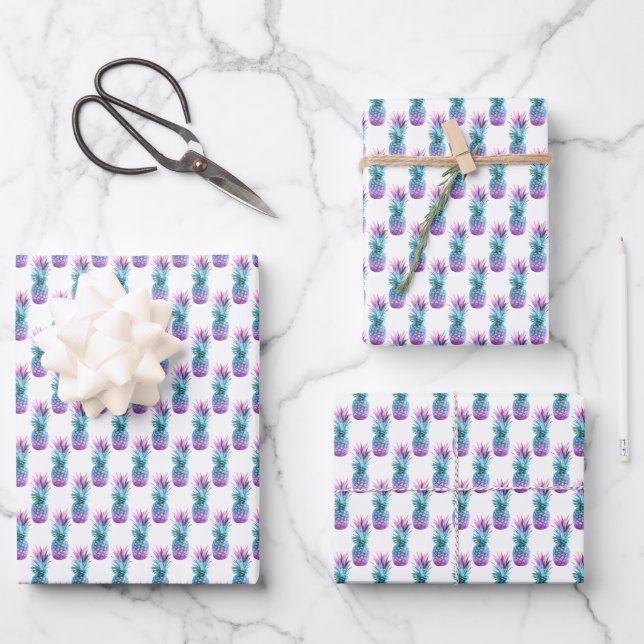 Purple Teal Blue Pineapple Pattern Wrapping Paper Sheet (Front)