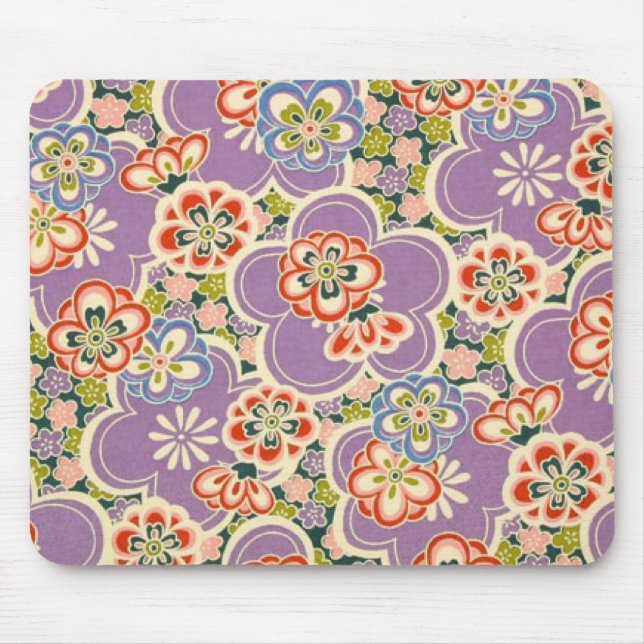 Purple, Teal, Blue, Red, Green & White Flowers Mouse Mat (Front)
