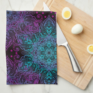 Purple Teal Blue Snowflake Mandala Apron Tea Towel