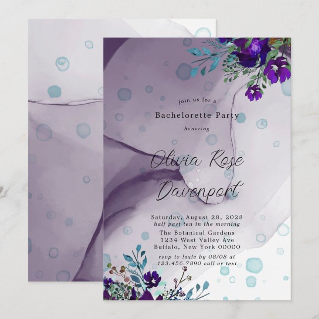 Purple Teal Botanical Floral Bachelorette Party Invitation (Front/Back)