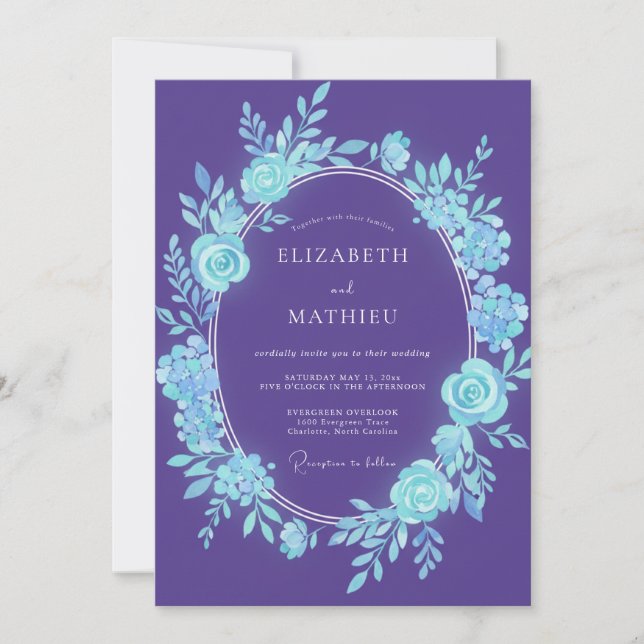 Purple Teal Botanical Romance Wedding Invitation (Front)