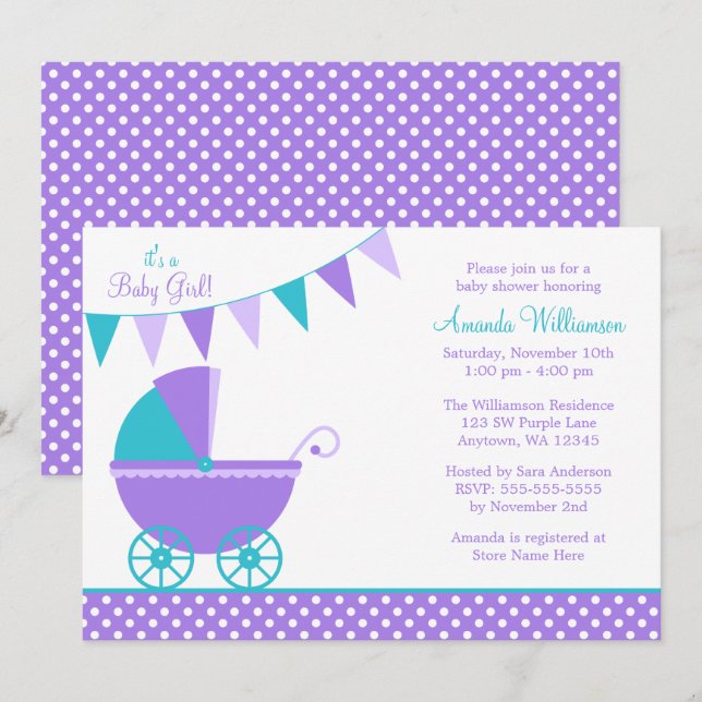 Purple Teal Bunting Carriage Girl Baby Shower Invitation (Front/Back)