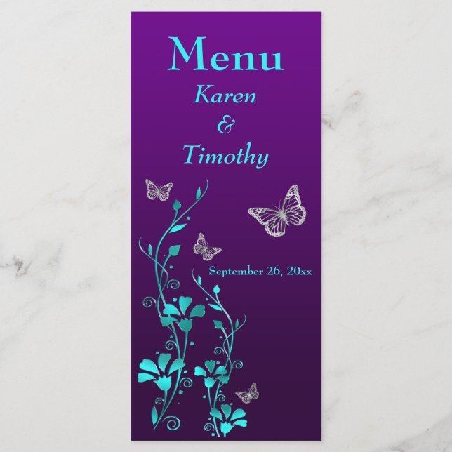 Purple, Teal Butterfly Floral Wedding Menu Card (Front)