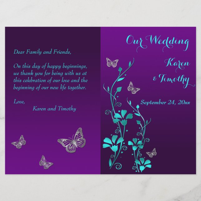 Purple Teal Butterfly Floral Wedding Program (Front)
