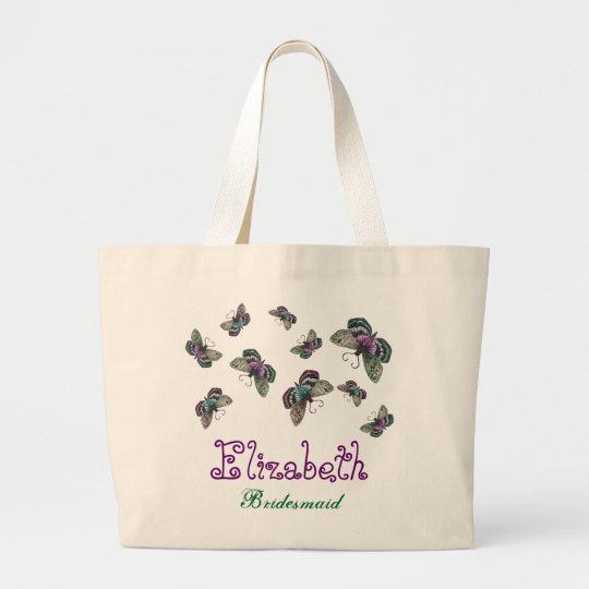 Purple Teal Butterfly Personalised Name Bridesmaid Large Tote Bag