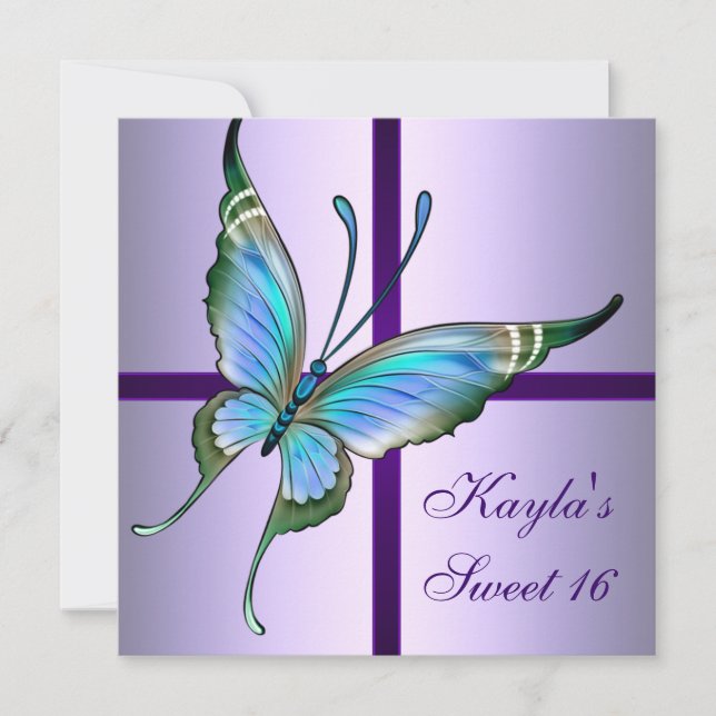 Purple Teal Butterfly Sweet 16 Birthday Party Invitation (Front)