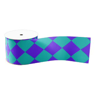 Purple Teal Chequered Diamond Pattern Grosgrain Ribbon
