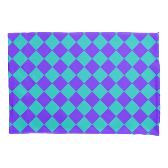Purple Teal Chequered Diamond Pattern Pillowcase (Front-Left)