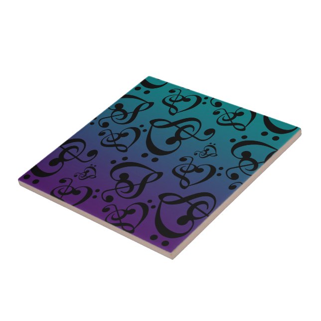 Purple Teal Clef Hearts Music Notes Pattern Tile (Side)