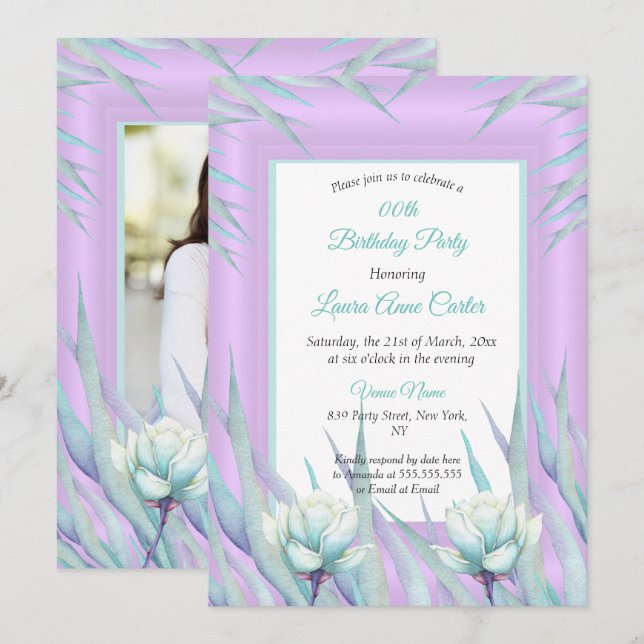 Purple Teal Delicate Floral Photo Birthday Invitation (Front/Back)