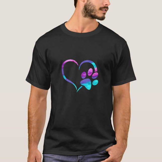 Purple Teal Dog Paw Print Heart Cute Dogs Paw Love T-Shirt (Front)