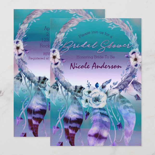 Purple & Teal Dream Catcher Boho Bridal Shower Invitation (Front/Back)