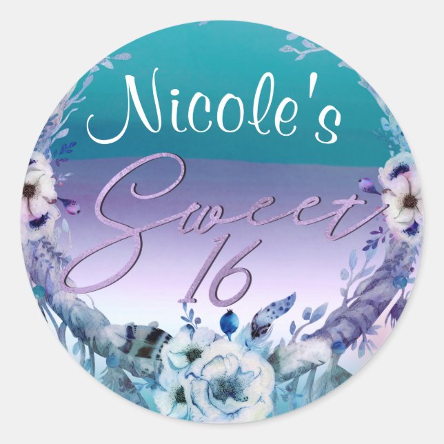 Purple & Teal Dream Catcher Boho Sweet 16 Party Classic Round Sticker (Front)