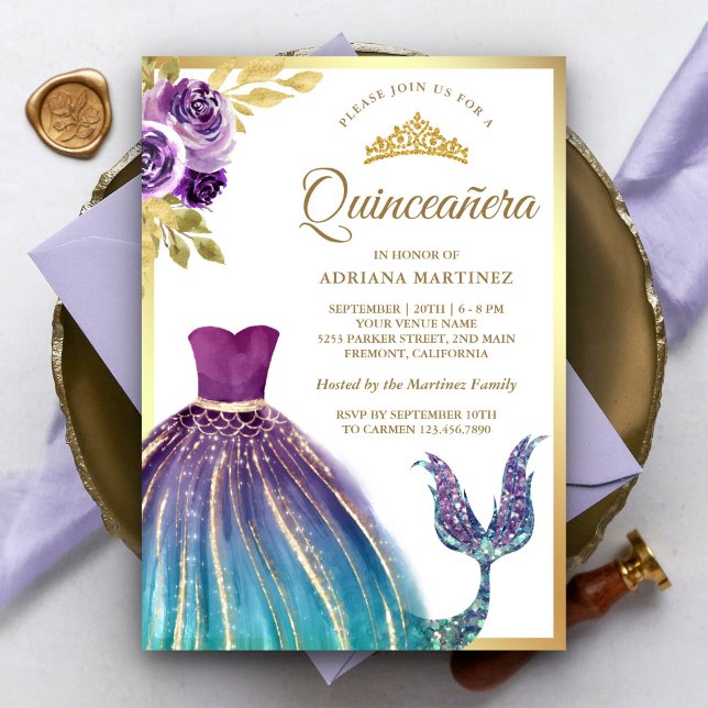 Purple Teal Dress Mermaid Tail Gold Quinceanera Invitation (Creator Uploaded)