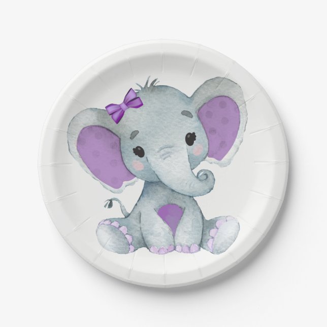 Purple Teal Elephant Plate  Baby Shower, Birthday (Front)