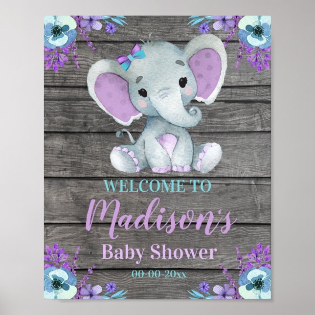 Purple Teal Elephant Welcome Sign, Girl Shower Poster (Front)