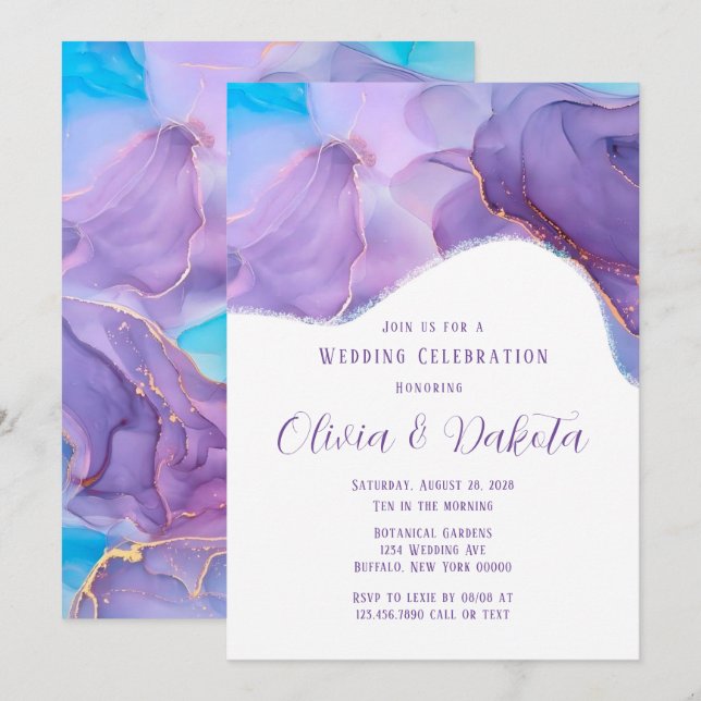 Purple Teal Ethereal Alcohol Ink Wedding Invitatio Invitation (Front/Back)