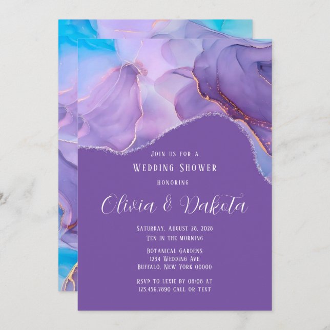 Purple Teal Ethereal Alcohol Ink Wedding Shower Invitation (Front/Back)