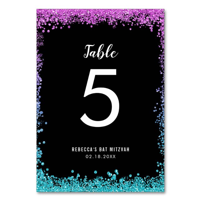 Purple Teal Faux Glitter Bat Mitzvah Table Number (Front)