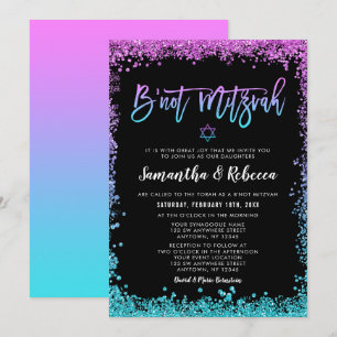 Purple Teal Faux Glitter B'not Mitzvah Invitation