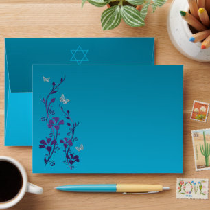 Purple, Teal Floral, Butterflies Bat Mitzvah Envelope