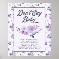 Purple Teal Floral Don't Say Baby Shower Game Sign