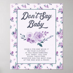 Purple Teal Floral Don't Say Baby Shower Game Sign