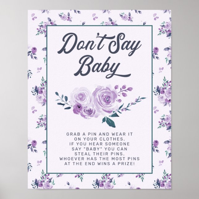 Purple Teal Floral Don't Say Baby Shower Game Sign (Front)