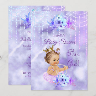 Purple Teal floral Girl Baby Shower Brunette Invitation