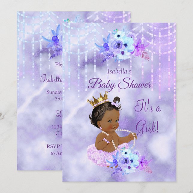 Purple Teal floral Girl Baby Shower Ethnic Invitation (Front/Back)