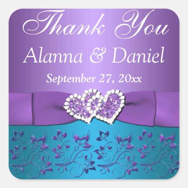 Purple, Teal Floral, Heart 1.5" Sq. Wedding Favour Square Sticker (Front)