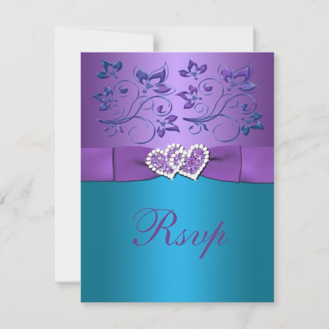 Purple, Teal Floral Hearts Monogram Wedding RSVP (Front)