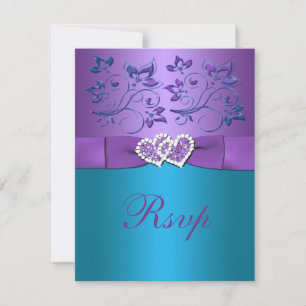 Purple, Teal Floral Hearts Monogram Wedding RSVP Card