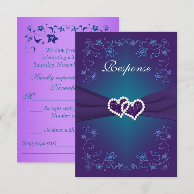 Purple, Teal Floral Hearts Wedding RSVP Invitation (Front/Back)