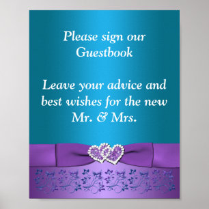 Purple, Teal Floral Hearts Wedding Sign