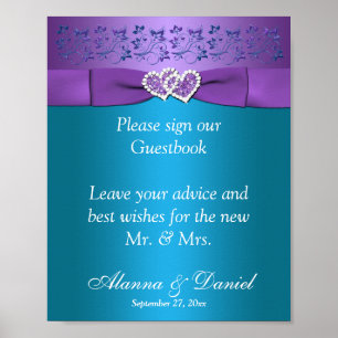 Purple, Teal Floral Hearts Wedding Sign 2