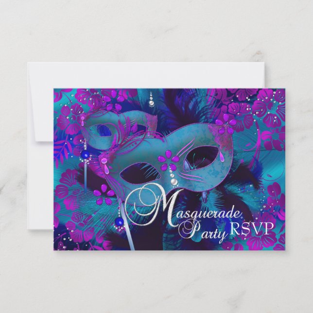 Purple & Teal Floral Masquerade Party RSVP (Front)